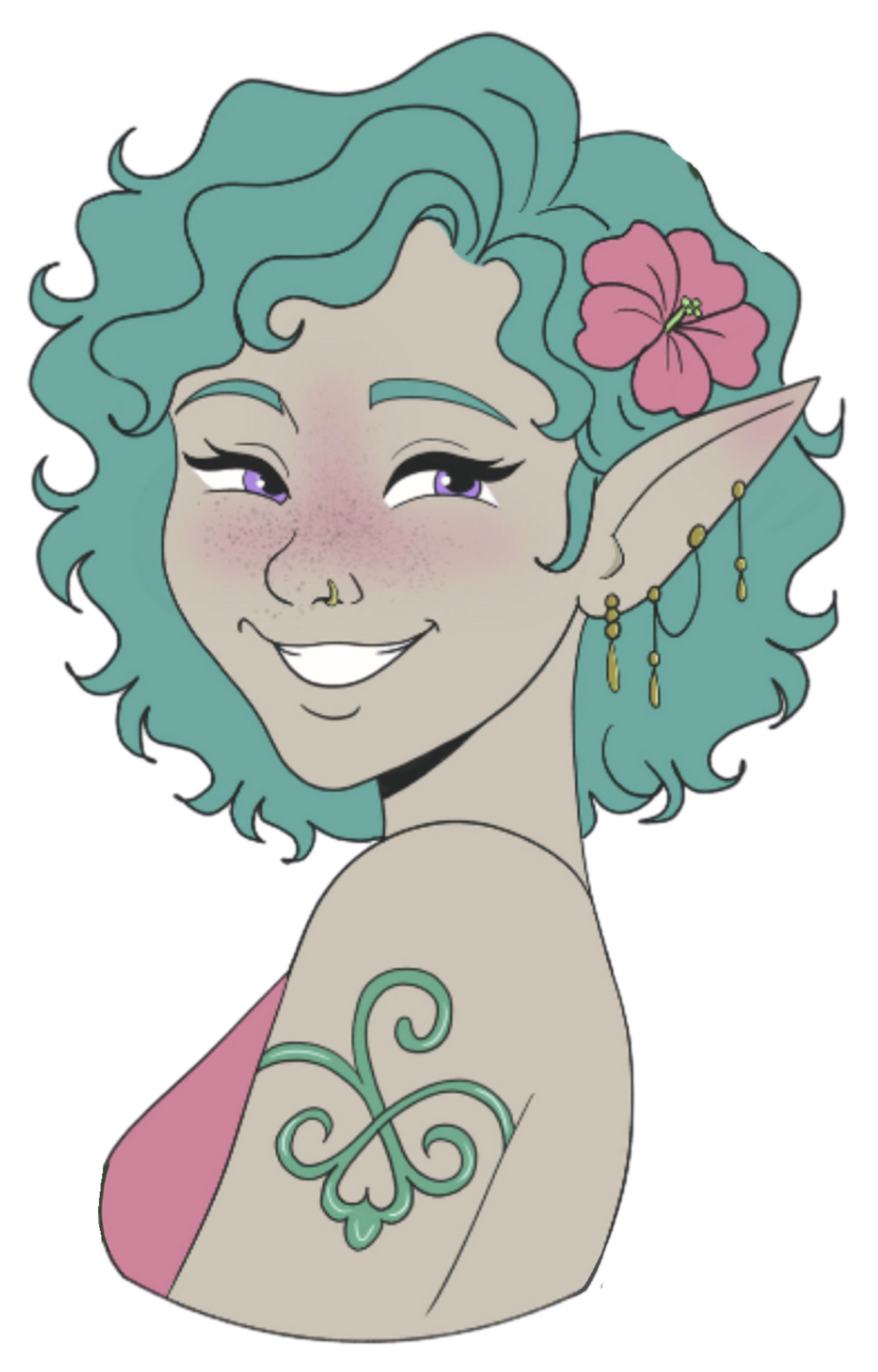 Author Aura Frost A picture of a fae woman in her 30's wearing a pink shirt smiling at the camera. She has teal hair with a pink flower in it, purple eyes, gold earrings and nose ring, and teal armband.
