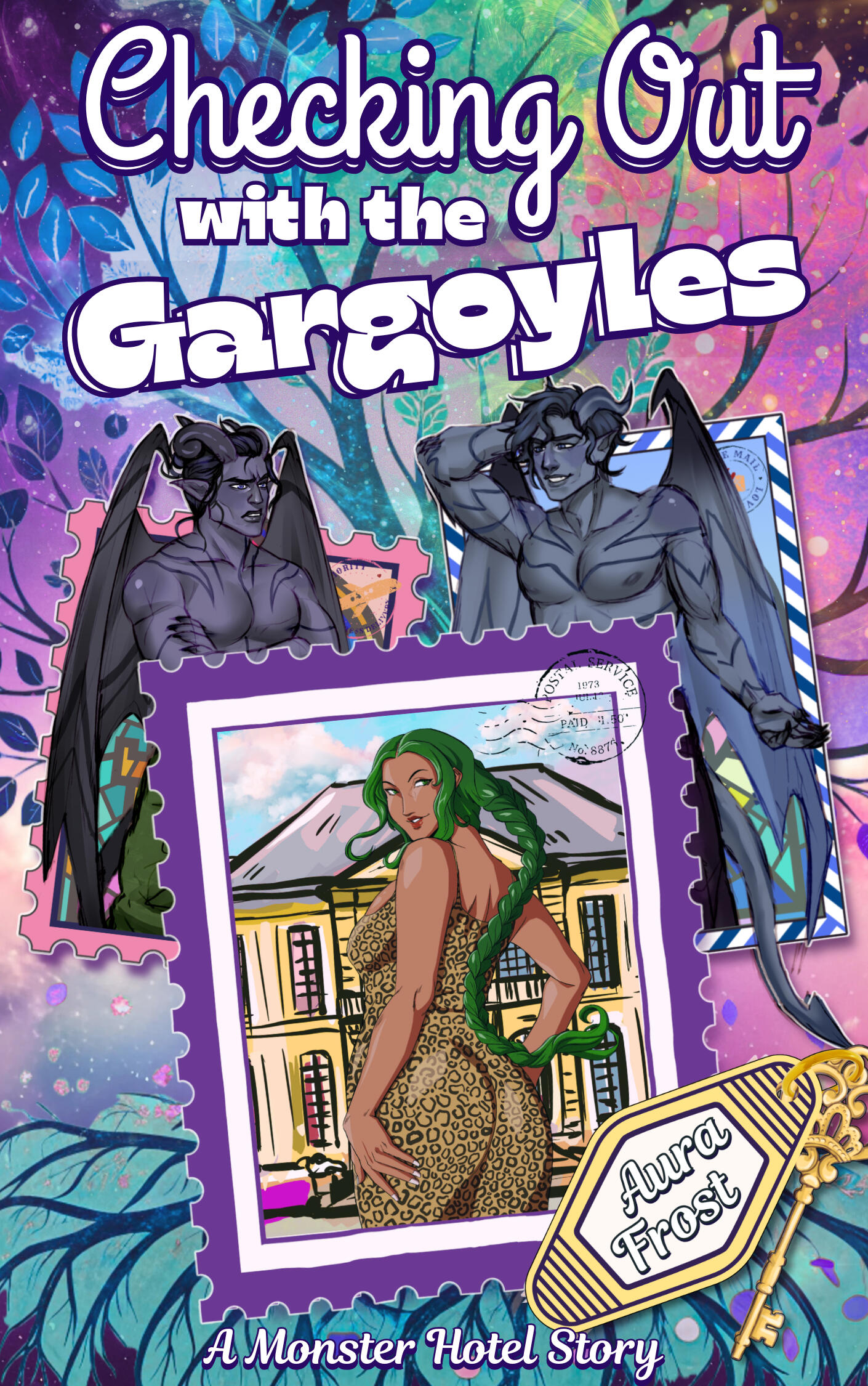 Checking Out with the Gargoyles The cover of Checking Out with the Gargoyles: A LGBTQ+ monster romance vella by Aura Frost featuring two gargoyles and a half-gorgon, half-human